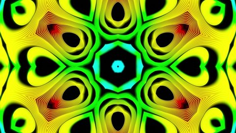 vj abstract kaleidoscope background with simple shapes periodic pattern. Hologram complex pattern as kaleidoscope. Neon light or glow rainbow color gradient. Lines and simple form. Star simmetry.