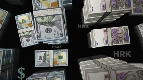 American Dollar and Croatia Kuna money exchange. Banknotes pack bundle. Concept of trade, economy, competition, crisis, banking and finance. Notes loopable seamless 3d.