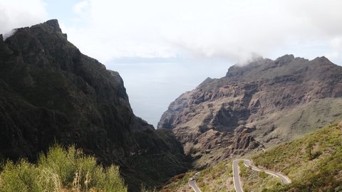 Aerial top view on curvy serpentine road in mountains, Canary Islands, Tenerife
