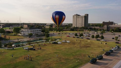 4K Drone video of hot air balloon launching flight in downtown Wichita Kansas