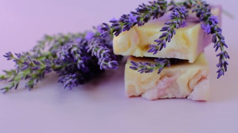 Lavender soap. Purple Soap with lavender extract.Bars of purple soap and lavender flowers .Bars of purple soap and lavender flower.4k footage