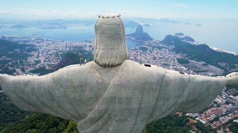 Rio de Janeiro, Rio de Janeiro, Brazil - 02.15.2022 - Panoramic view of Christ the Redeemer statue postcard at downtown Rio de Janeiro, Brazil. Christ the Redeemer statue landmark of Rio de Janeiro.