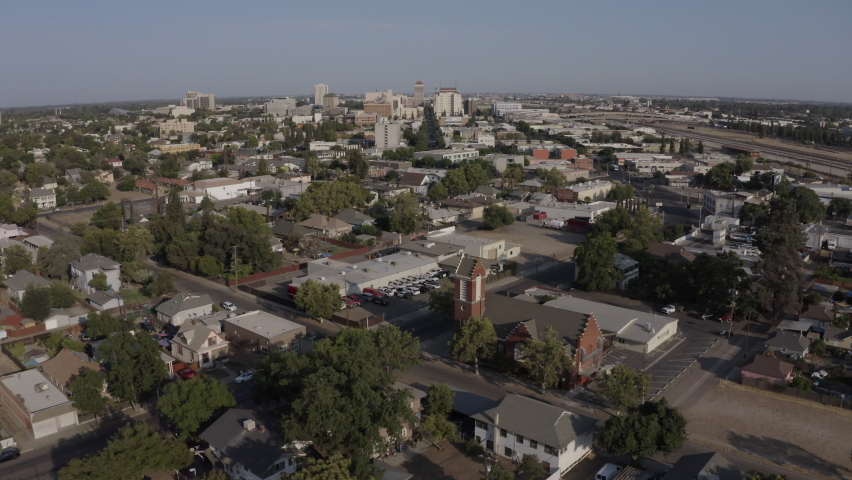 Sunset aerial view of the historic downtown area of Fresno, California, USA.