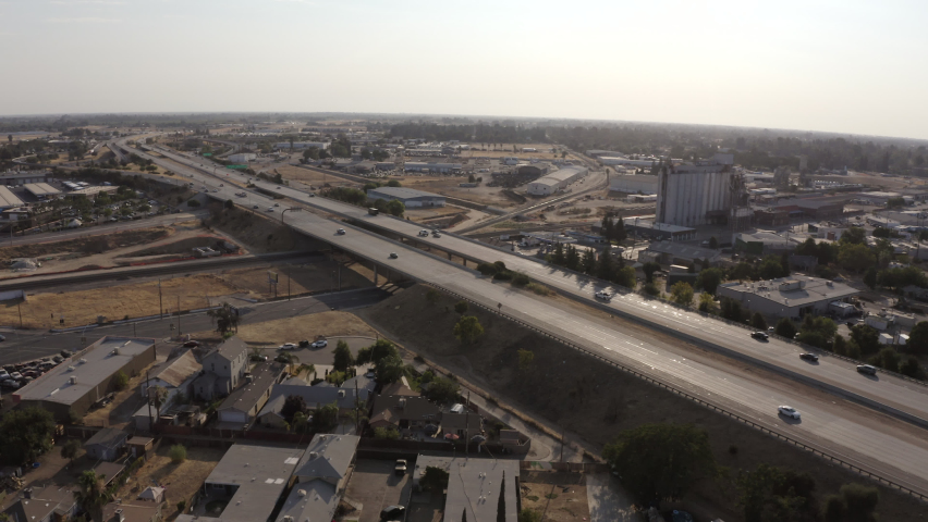 Sunset aerial view of the urban core of Fresno, California, USA.