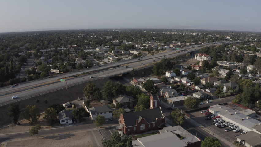 Sunset aerial view of the urban core of Fresno, California, USA.