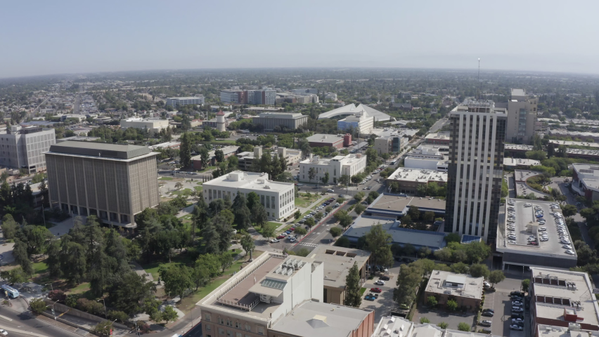 Daytime aerial view of the historic downtown district of Fresno, California, USA.