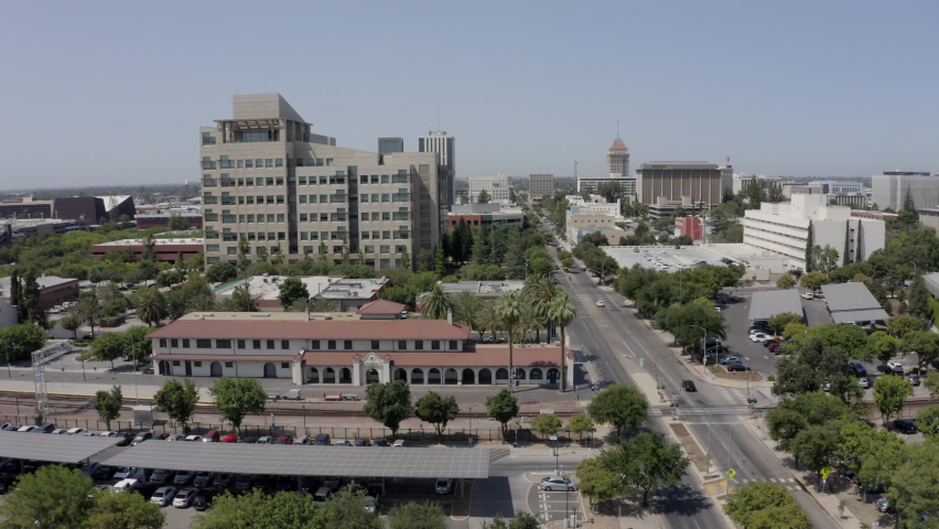Daytime aerial view of the historic downtown district of Fresno, California, USA.