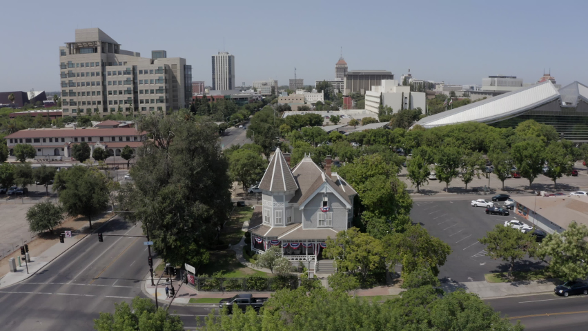 Daytime aerial view of the historic downtown district of Fresno, California, USA.