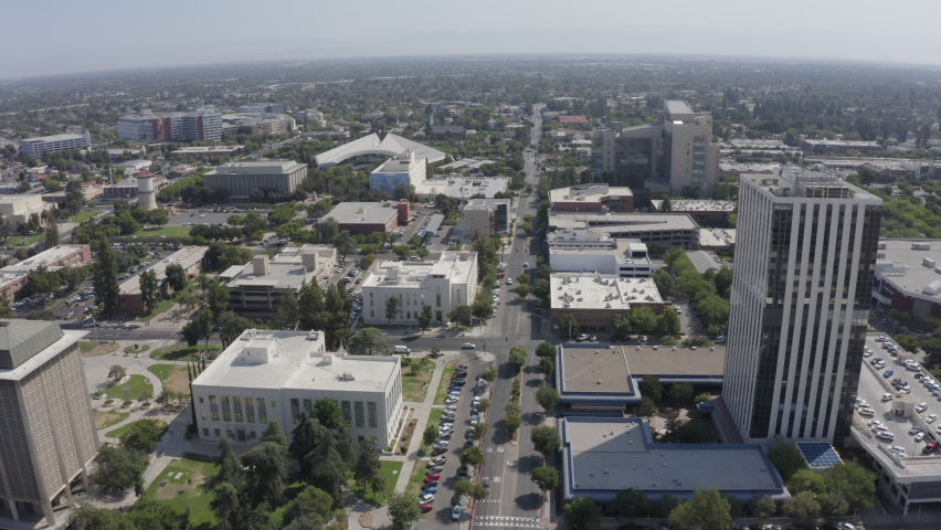 Daytime aerial view of the historic downtown district of Fresno, California, USA.