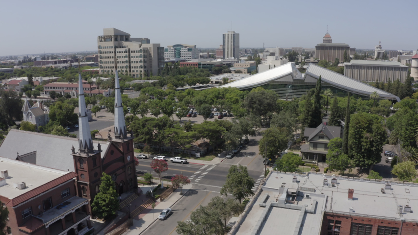 Daytime aerial view of the historic downtown district of Fresno, California, USA.