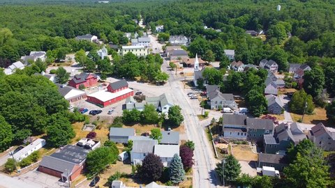 Raymond town center aerial view including Town Hall, Lyman Memorial Park and Congregational Church, Raymond, New Hampshire NH, USA. 