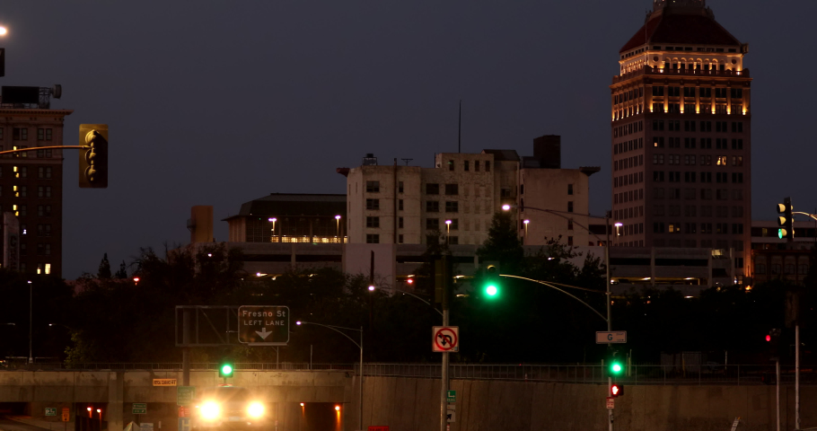 Twilight view of the historic downtown district of Fresno, California, USA.