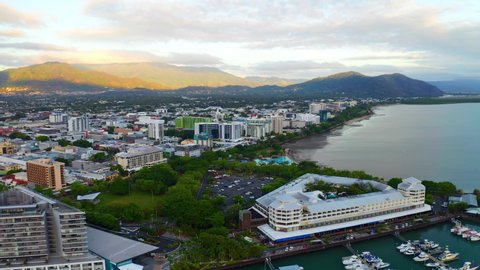 Aerial Of Cairns City Centre With Marlin Marina In Ports North, Queensland Australia. Pullback