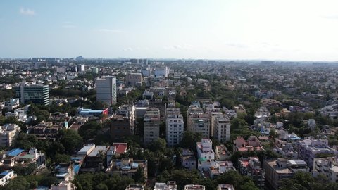 CHENNAI , Tamil Nadu , India - 02 02 2022: CHENNAI, INDIA - 2022: Aerial Footage of Usman Road Chennai. The Place is Known For Its Supermarkets Like Saravanan Stores, Prashant Towers Etc.