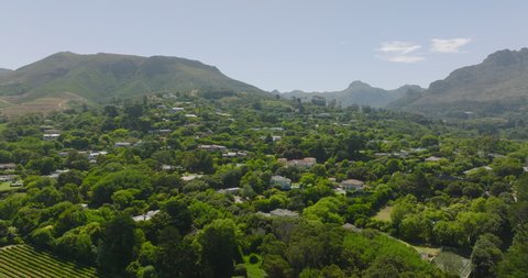 Aerial footage of luxury residences surrounded by rich lush green vegetation. Large houses in slope between trees. Mountains in background. Cape Town, South Africa