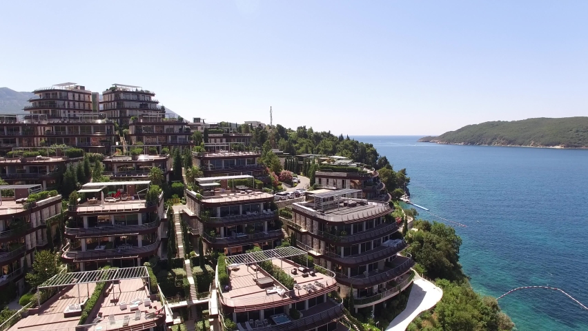 Budva, Montenegro - 19.08.21: Expensive hotel complex Dukley with terraces