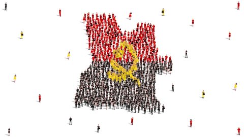 Angola Map and Flag. A large group of people in the Angola flag color form to create the map. 4K Animation Video.
