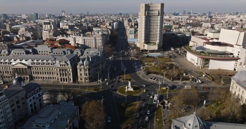 Bucharest, Romania - Feb 2022: Aerial footage with a city atmosphere on a sunny day.