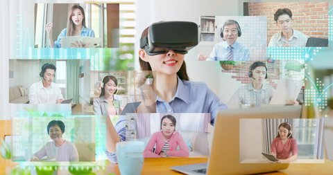 asian businesswoman wearing VR glasses for online meeting metaverse virtual reality technology at home