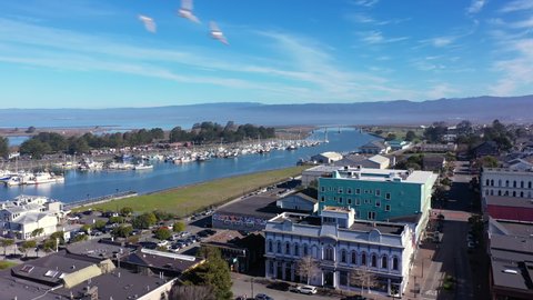 Eureka California, West Coast maritime city in Humboldt County. Aerial drone view of historic buildings.