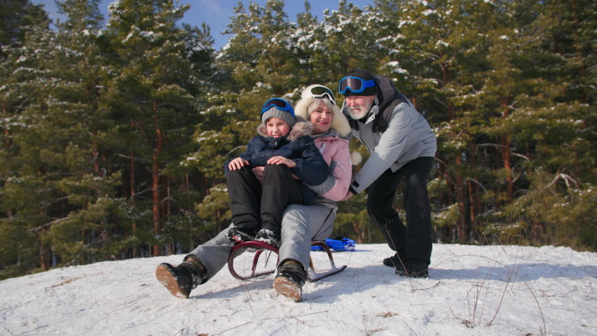 grandparents have fun together with their grandson in a snowy forest in winter, boy child with a grandmother raise their hands and slide down a hill on a sled Royalty-Free Stock Footage #1087139879
