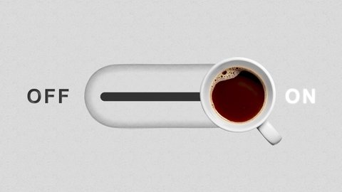 Top view. Empty coffee white mug switches and is filled with hot, aromatic coffee. Creative banner with a mockup cup.  Concept automatic coffee machine, smart house. Coffee break 4k stock footage 