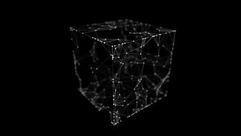 Abstract green cube with connecting dots and lines. Big data visualization. Blockchain technology concept. Wireframe network connection structure. 3d rendering.