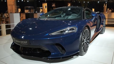 BRUSSELS, BELGIUM - JANUARY 8, 2020: McLaren GT exclusive sports car on display at Brussels Expo.