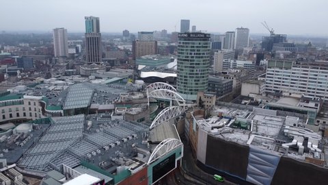 BIRMINGHAM, UK - 2022: Birmingham UK aerial establishing view with overcast cloudy sky