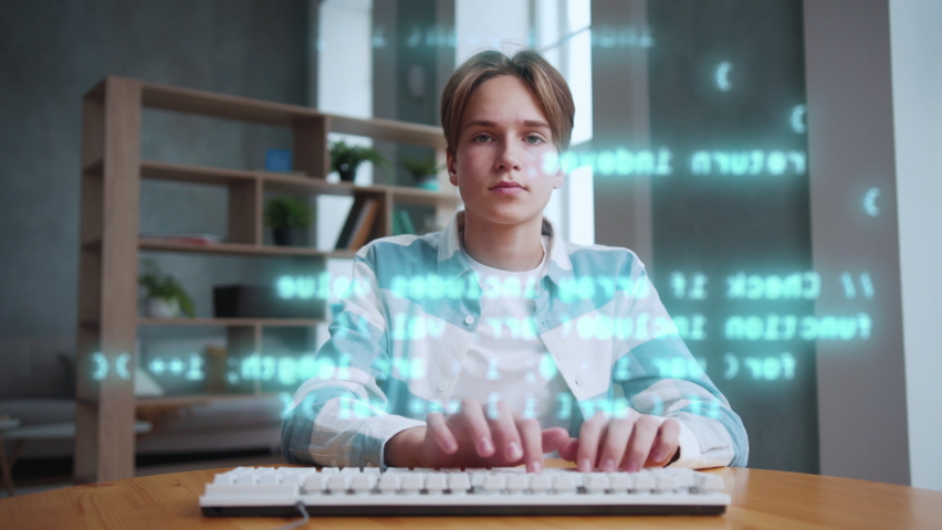 Young Professional Programmer Working with Write Code on Hologram Display Monitor at Workplace. Person Job on Innovation Tech Computing Equipment. Pc Programer Coder of Augmented Reality Cyber Concept | Shutterstock HD Video #1087149953