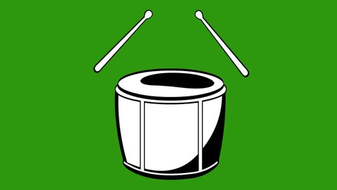 Loop animation of drumsticks hitting a drum, drawn in black and white. On a green chroma key background