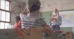 Animation of mathematical equations over diverse schoolchildren and teacher wearing face masks. school, education and study during covid 19 pandemic concept digitally generated video.