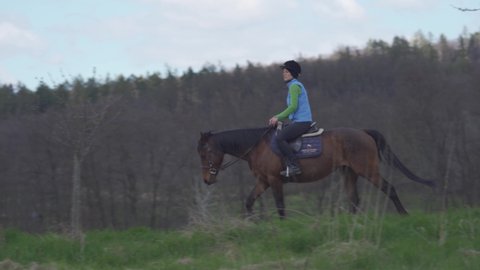 young woman rides a horse in the wild