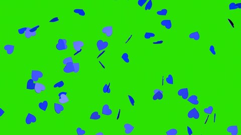 Falling blue hearts on a chroma key background. 3D rendering of animation. Video effect for valentine's day and weddings. Green screen. Rain from hearts.