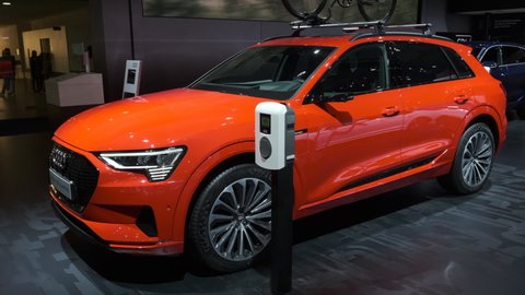 BRUSSELS, BELGIUM - JANUARY 9, 2020: Audi e-tron 55 Quattro full electric luxury crossover SUV car on display at Brussels Expo.