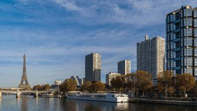 Eiffel Tower in Paris and Touristic District With Hotels Seine River and Boats