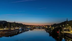 Summer Sunrise Over Paris Touristic Center Seine River Bridges Traffic Boats