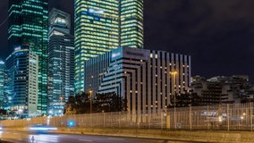 Pedestrian View of La Defense Business District at Night With Road Traffic Paris Buildings