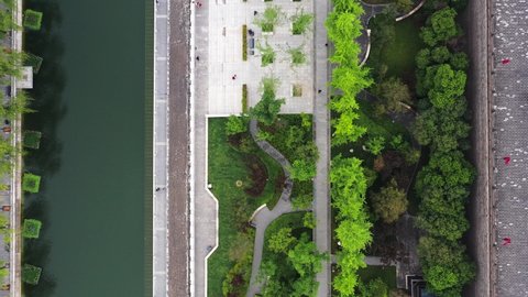 Top down view of Xian city wall and surrounding park areas