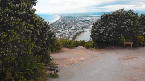 The panoramic view of Tauranga city from the Mount Maunganui summit, the drone footage.