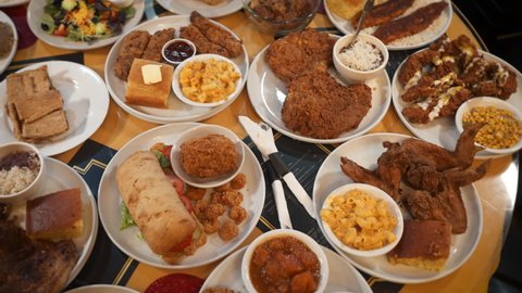 Top down view of a variety of fried southern food, 4K