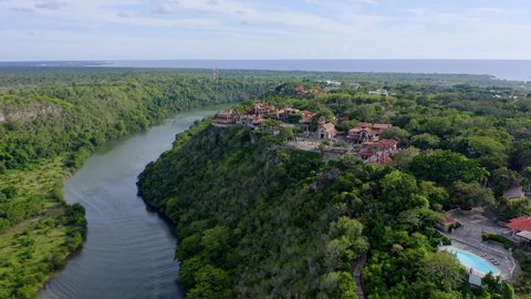 Elevated setting of touristic Altos de Chavon village in La Romana; aerial