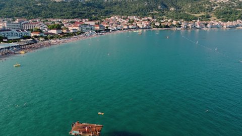 Aerial view of European island beach resort town Baska on Krk Island Croatia