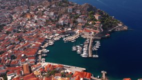 Marina on Hydra island in Greece, aerial video