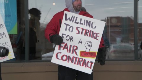 St. Paul, Minnesota. February 12, 2022. Workers rally for justice at ATT. ATT mobility workers at a labor rally fight to win big raises, cut in healthcare costs and paid parental leave 