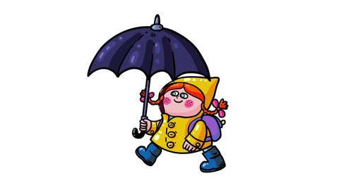 Girl with umbrella cartoon animation. Sweet character with yellow raincoat, wellingtons, backpack and brolly going to school. Seamless loop. luma matte
