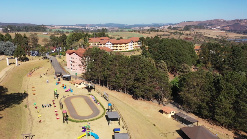 Entertainment playground at mountains. Poços de Caldas Minas Gerais. Panoramic view of Monreale Hotel Resort at contryside aerial scene at sunny day. City of Poços de Caldas Minas Gerais Brazil.