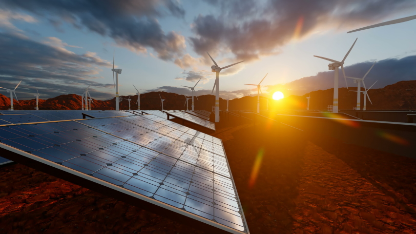 Animation with solar panel cells and spinning wind turbines on the eco energy farm. Power generators produce electricity with wind and solar panels Royalty-Free Stock Footage #1087196423
