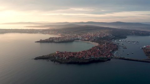 Aerial picturesque drone video with the old town of Sozopol in Bulgaria. An ancient seaside town, one of the major seaside resorts in Bulgaria.
