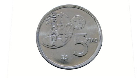 Reverse of Spain coin 5 pesetas 1982 isolated with white background. Animated with rotation.